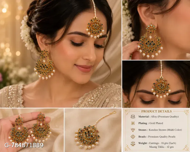 This classic multi-color Jhumka set with maang tika features gold-plated alloy construction adorned with mirror work and vibrant beaded drop