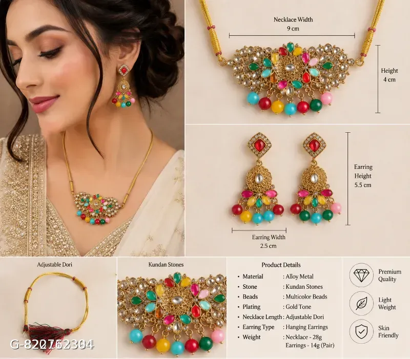 This gold-plated Kundan choker set features multicolored beads and artificial stones, resembling traditional Indian bridal jewelry