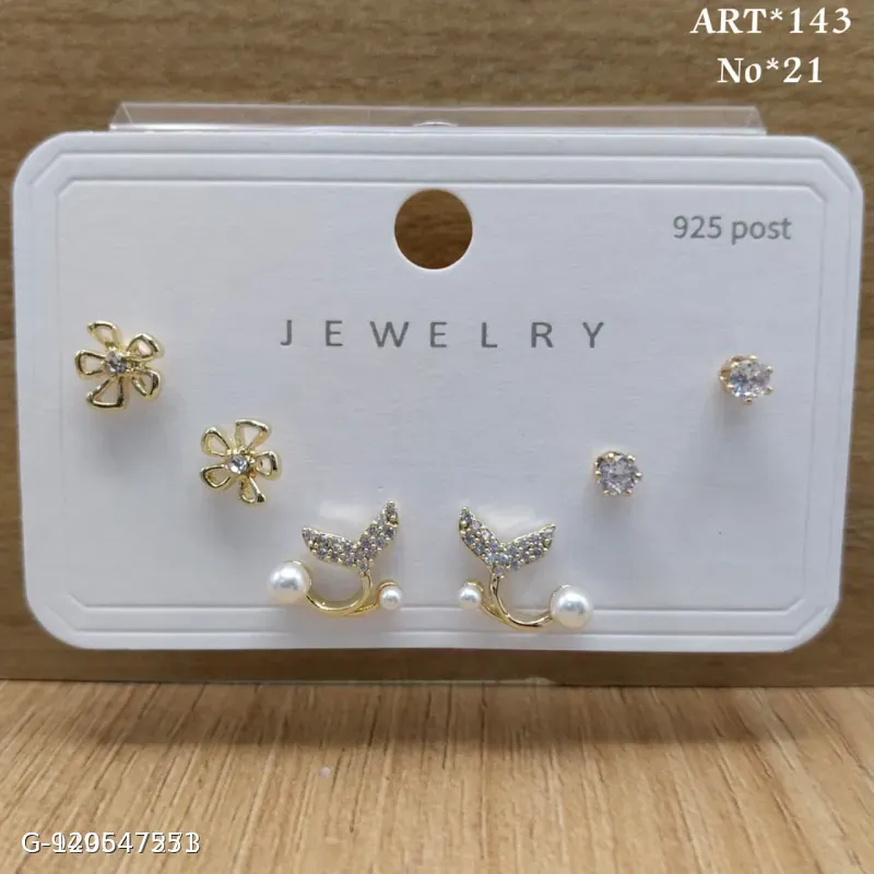 3 Pairs Gold Plated Floral, Pearl & Crystal Stud Earrings Set for Women & Girls