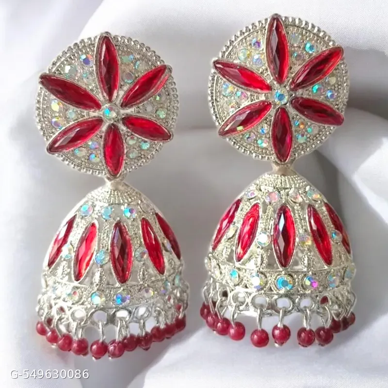 These are Gaurangi Fashion World Big Size Pearls Drop Bell Earrings, featuring red stones and silver plating.