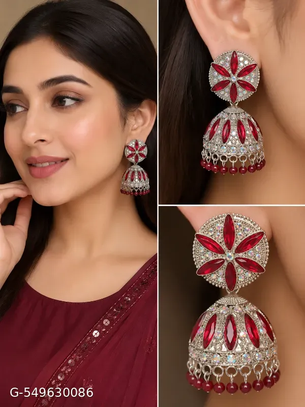 These are Gaurangi Fashion World Big Size Pearls Drop Bell Earrings, featuring red stones and silver plating.