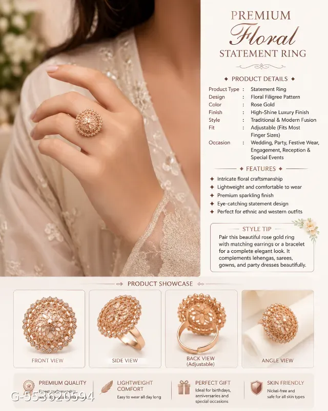 📸 Caption "Shine with timeless elegance! ✨ Premium Rose Gold Floral Statement Ring – the perfect finishing touch for every special occasion."