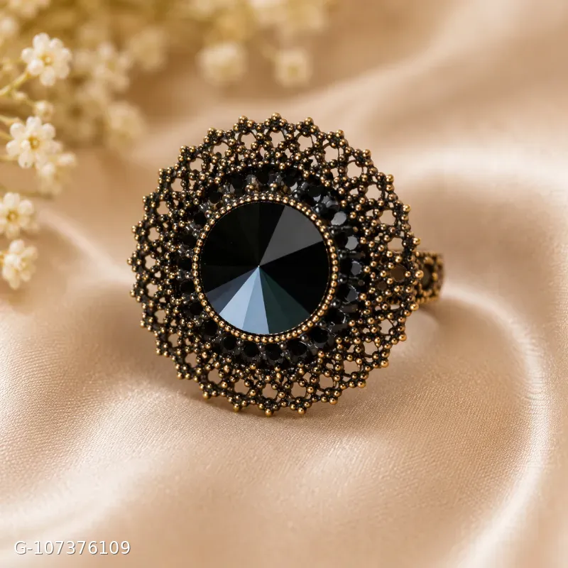These rings appear to be Meesho's 3-set perfect rings for women, featuring a black artificial stone surrounded by a gold-plated circular design