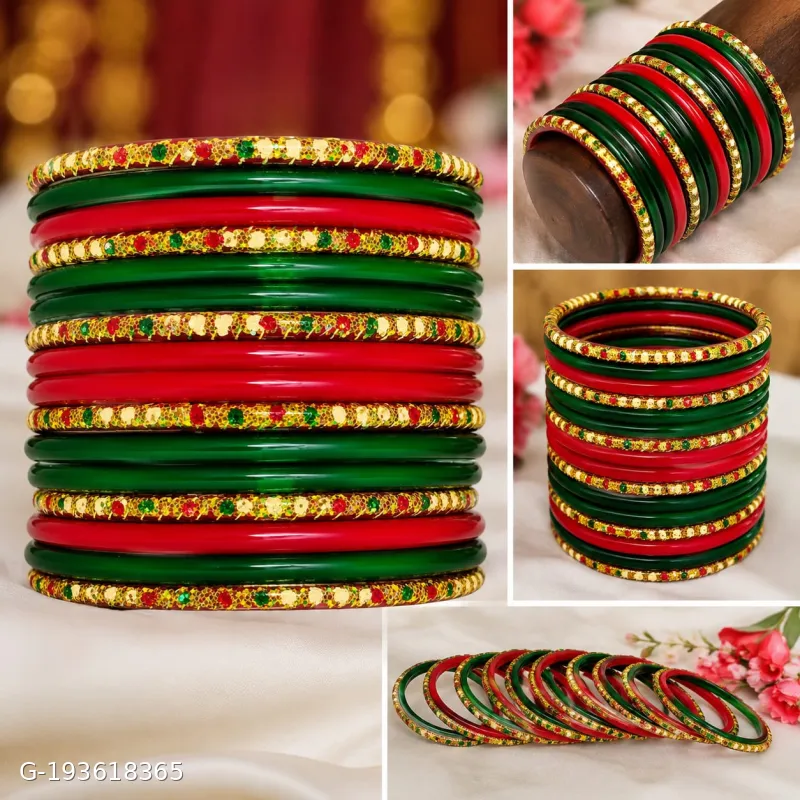 Glass Bangles Set for Women | Red & Green Traditional Chudi Set | Wedding, Karwa Chauth, Teej, Festival Wear | Shiny Finish