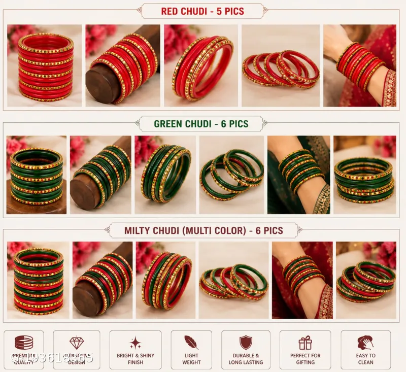 Glass Bangles Set for Women | Red & Green Traditional Chudi Set | Wedding, Karwa Chauth, Teej, Festival Wear | Shiny Finish