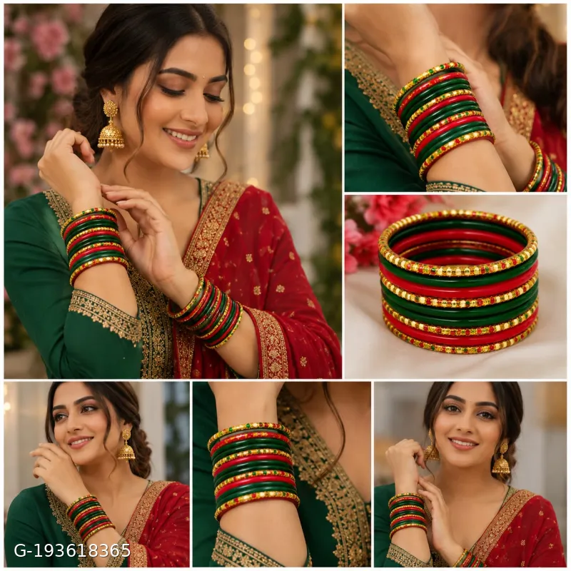 Glass Bangles Set for Women | Red & Green Traditional Chudi Set | Wedding, Karwa Chauth, Teej, Festival Wear | Shiny Finish