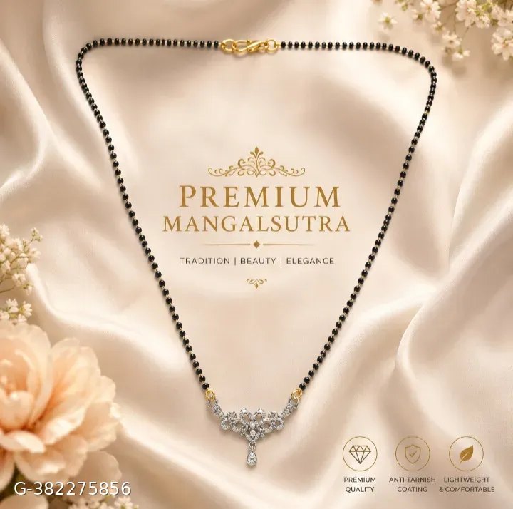 Premium Gold Plated Black Beads Mangalsutra with American Diamond Floral Pendant for Women | Lightweight Traditional Necklace