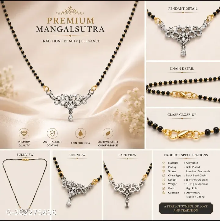 Premium Gold Plated Black Beads Mangalsutra with American Diamond Floral Pendant for Women | Lightweight Traditional Necklace