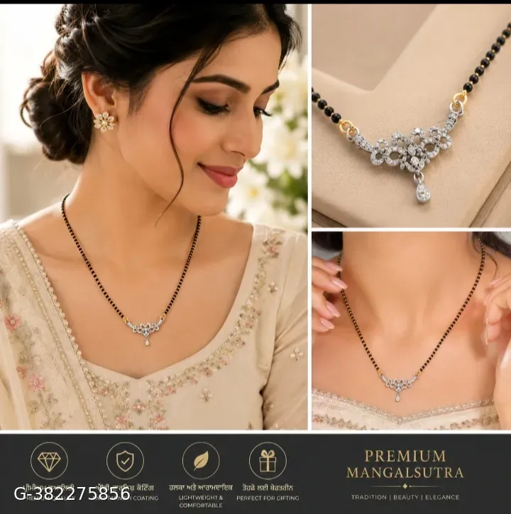 Premium Gold Plated Black Beads Mangalsutra with American Diamond Floral Pendant for Women | Lightweight Traditional Necklace