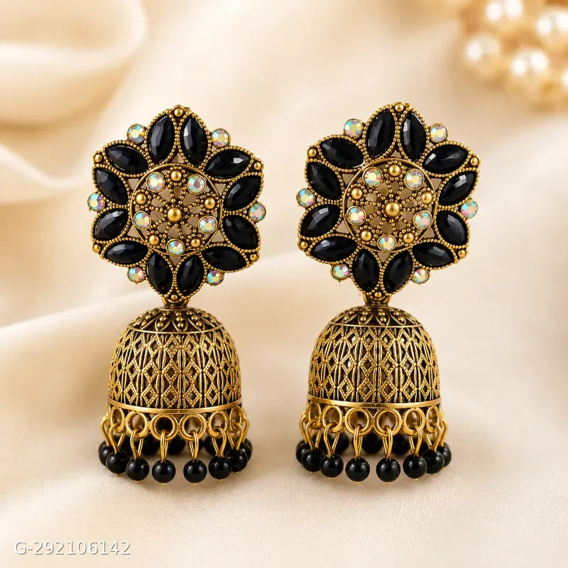 Antique Gold Black Stone Traditional Jhumka Earrings for Women
