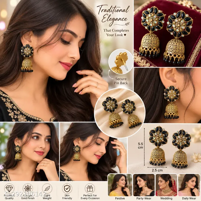 Antique Gold Black Stone Traditional Jhumka Earrings for Women