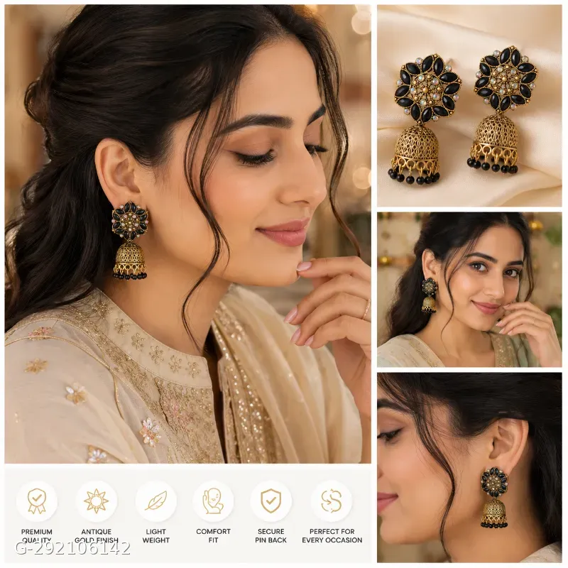 Antique Gold Black Stone Traditional Jhumka Earrings for Women