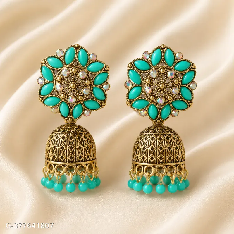 Antique Gold Plated Turquoise Stone Traditional Jhumka Earrings for Women & Girls