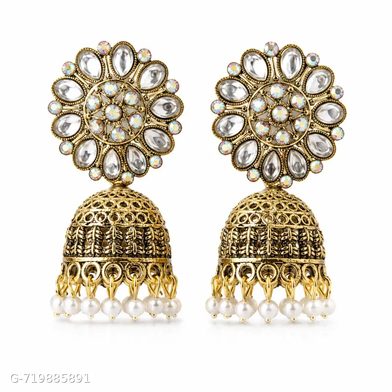 Antique Gold Plated Kundan Pearl Jhumka Earrings