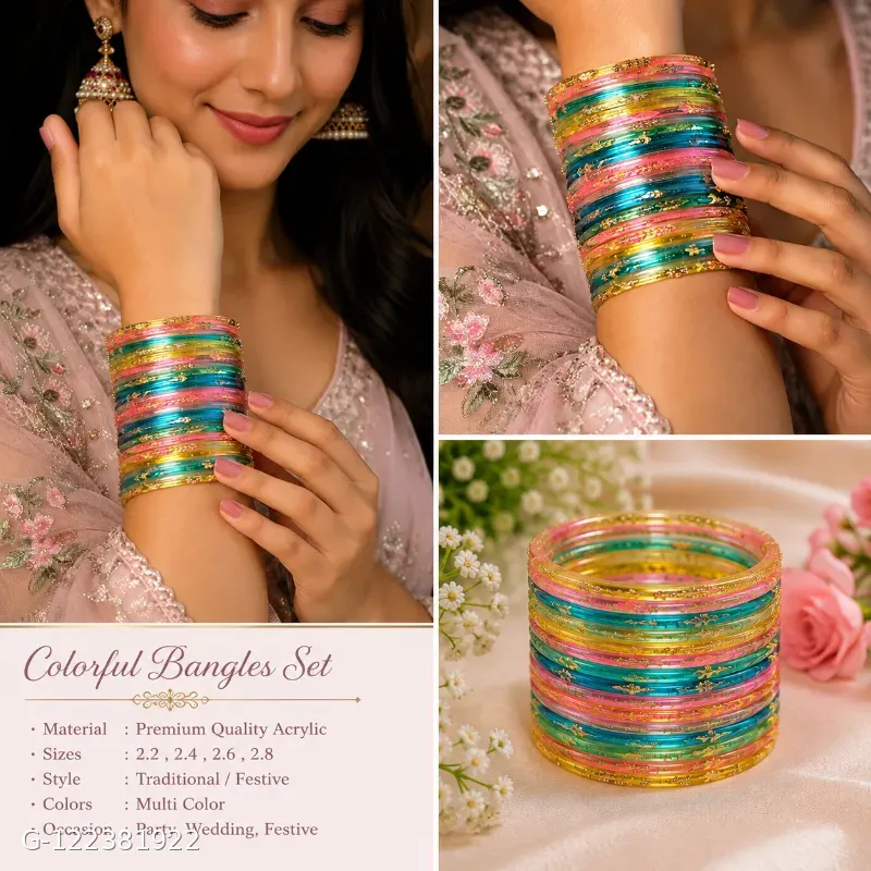 These Shevibe transparent multicolor glass bangles feature gold dotted details.
