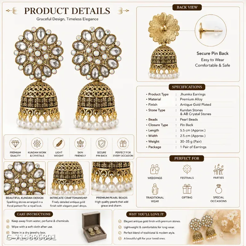 Antique Gold Plated Kundan Pearl Jhumka Earrings