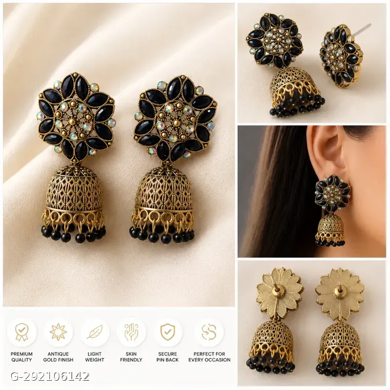 Antique Gold Black Stone Traditional Jhumka Earrings for Women