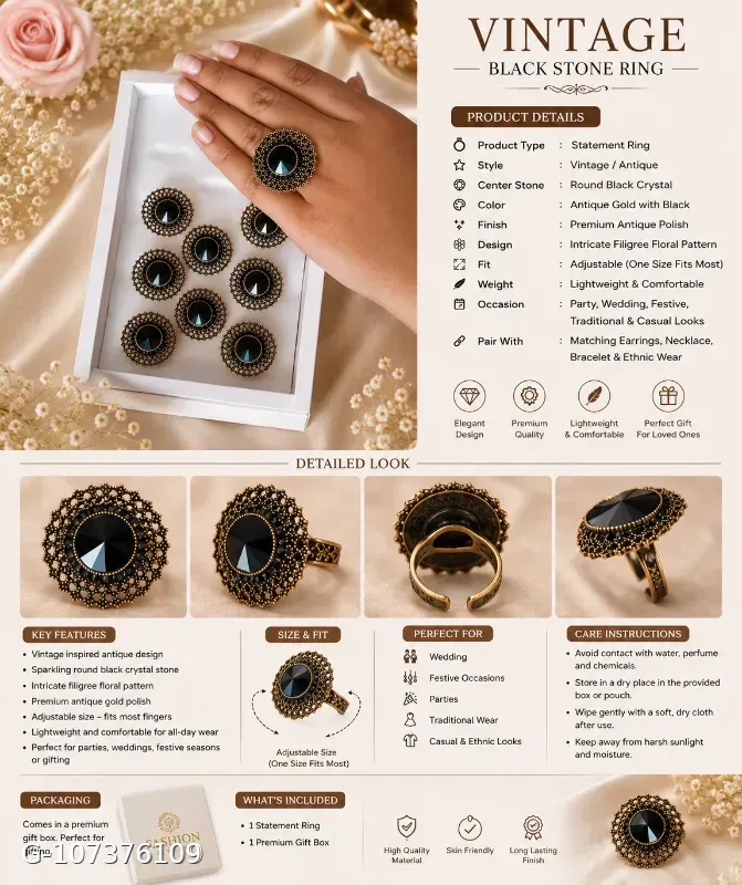 These rings appear to be Meesho's 3-set perfect rings for women, featuring a black artificial stone surrounded by a gold-plated circular design