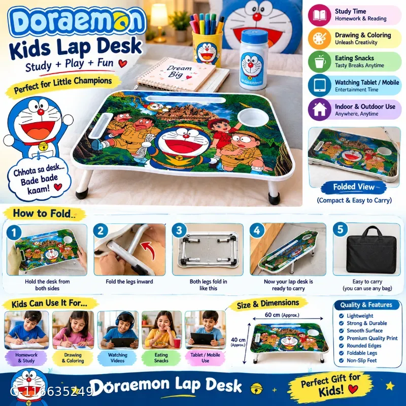 This is a foldable wooden kids' lap desk featuring a colorful Doraemon cartoon print, a built-in cup holder, and a convenient slot for a phone or tablet